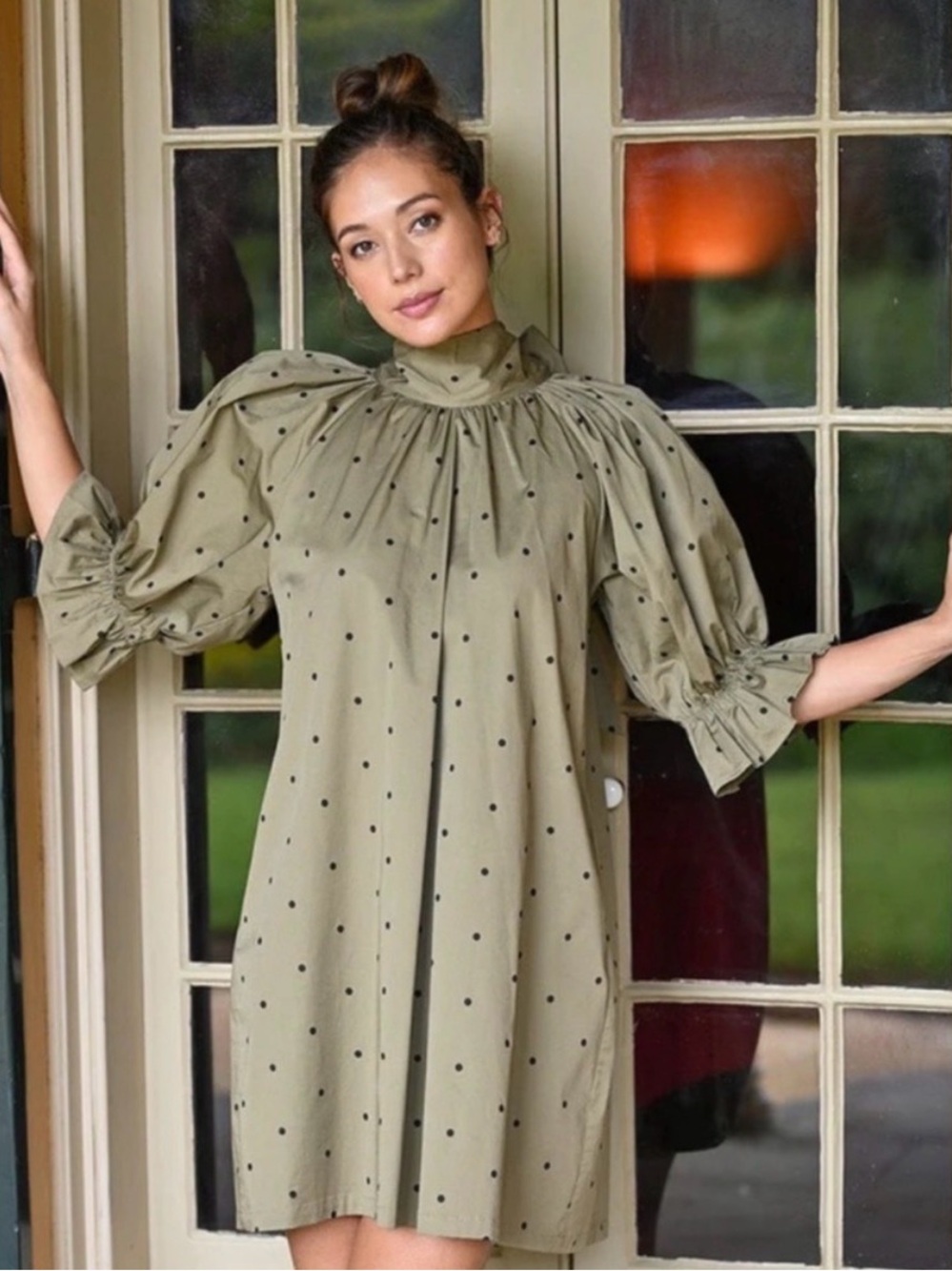 Wyatt Wylde Adrian Olive Polka Dot Mini Dress with Puff Sleeves, size small